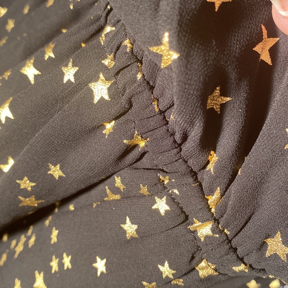 IF BY SEA - black shorts romper s/s w gold stars sheer mesh overlay, deepV - L - Picture 10 of 16